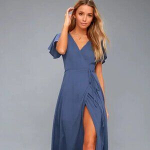 Lulu's Heart of Marigold Denim Blue Wrap Maxi Dress Crepe Size Medium NWT